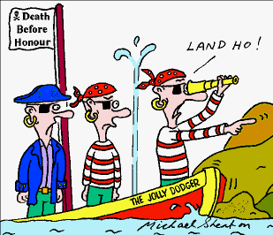 Cartoon: Pirates in sinking boat.