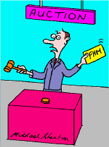 Cartoon: auctioneer holding up an FHM promise.