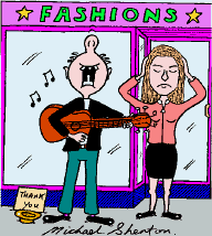 Cartoon: Man busking while woman behind him covers her ears.